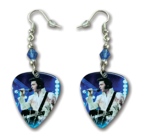 Elvis Earrings - Guitar Pick - Blue With White Jump Suit