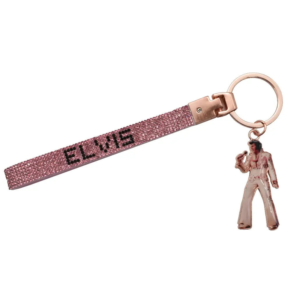 Elvis Keychain - Wristlet w/ Rhinestones Pink