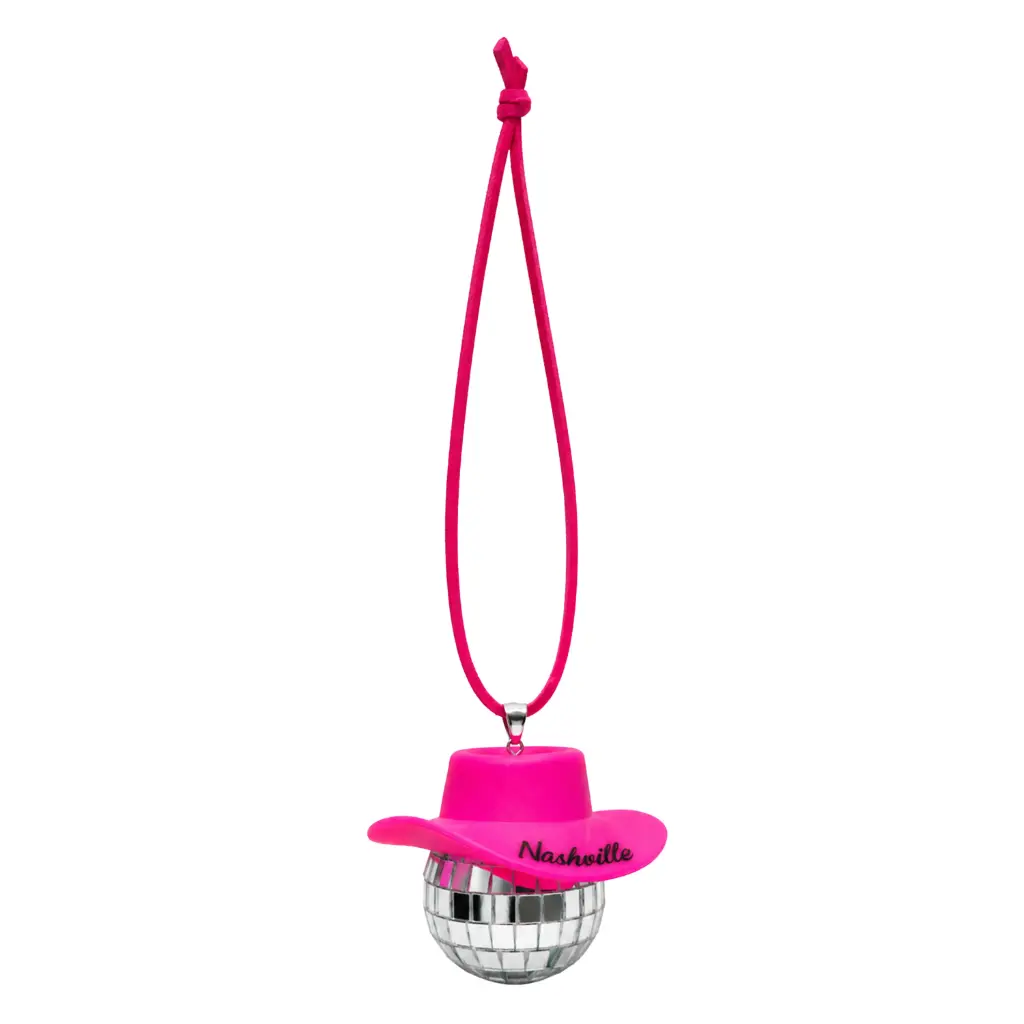 [N7391] Nashville Car Ornament - Disco Ball with Hat Pink