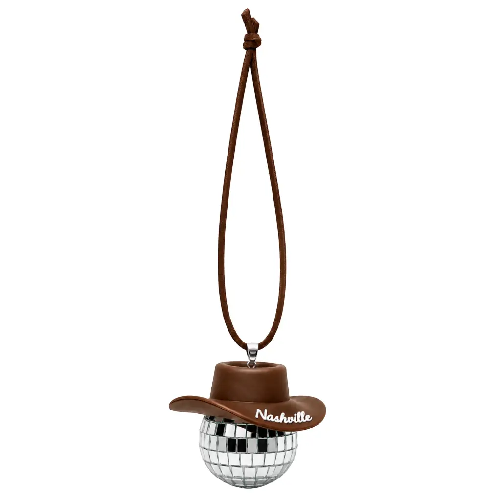 [N7393] Nashville Car Ornament - Disco Ball with Hat Brown