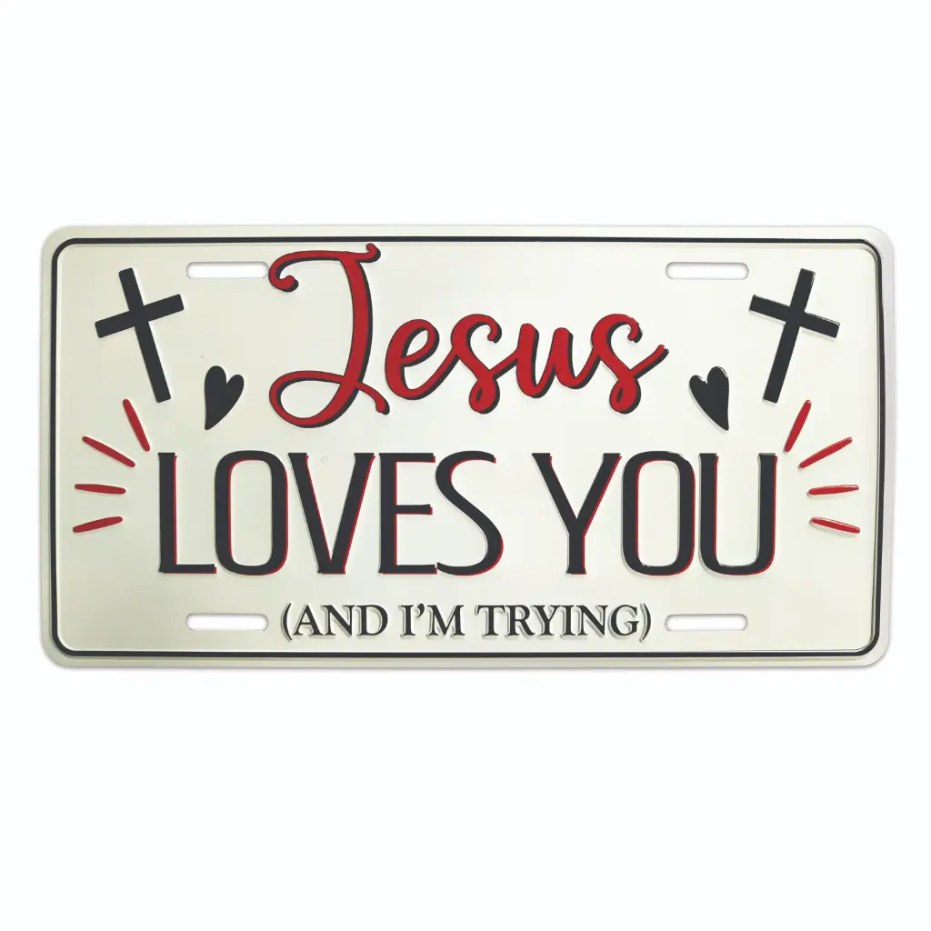 [G7426] License Plate - Jesus Loves you & I'm Trying - 6pc Set