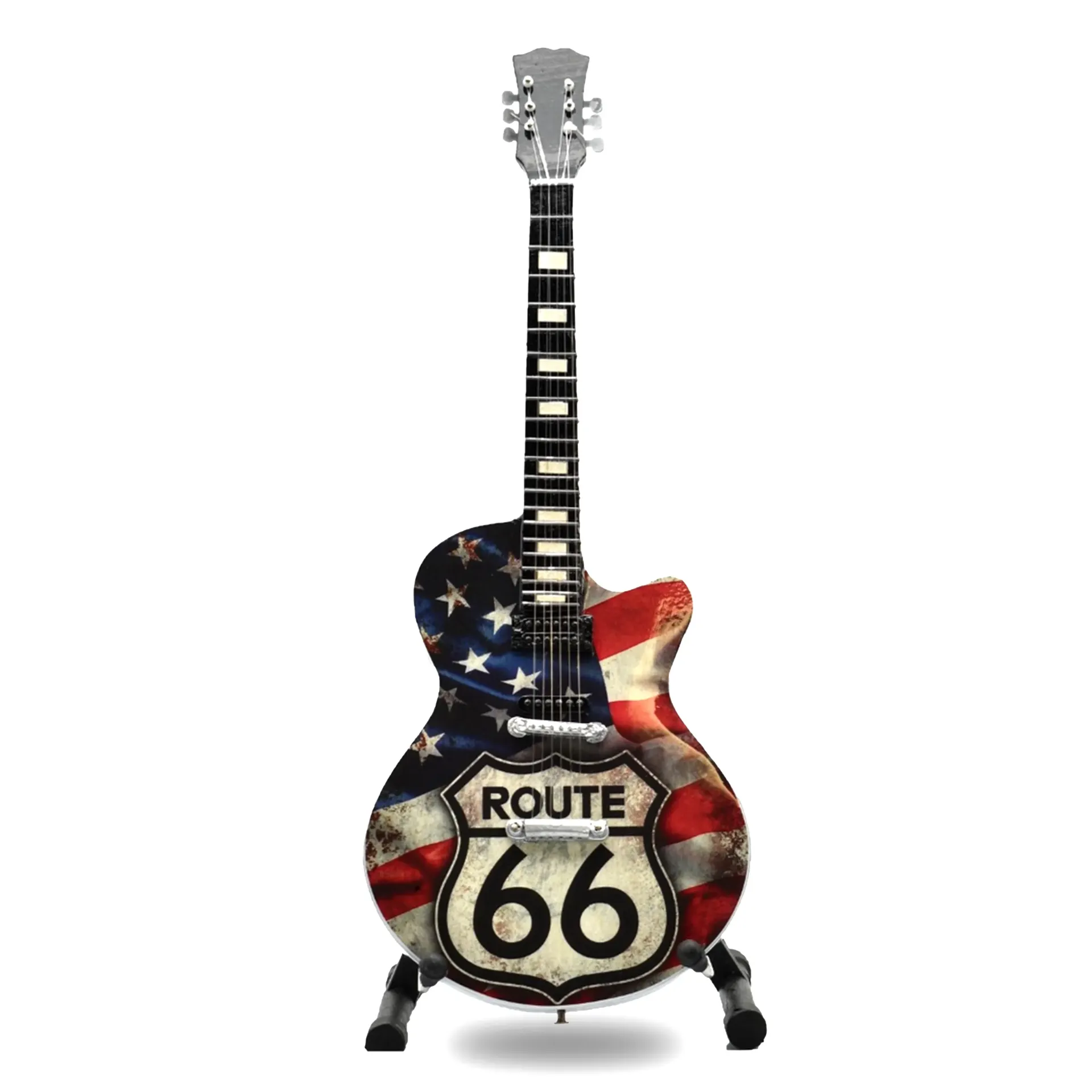 [G7456] Route 66 Guitar - Sign with Flag 10" Tall with Stand