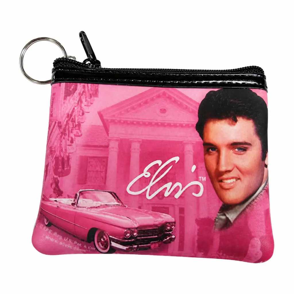 [E8483] Elvis Keychain/Coin Purse - Pink With Guitars
