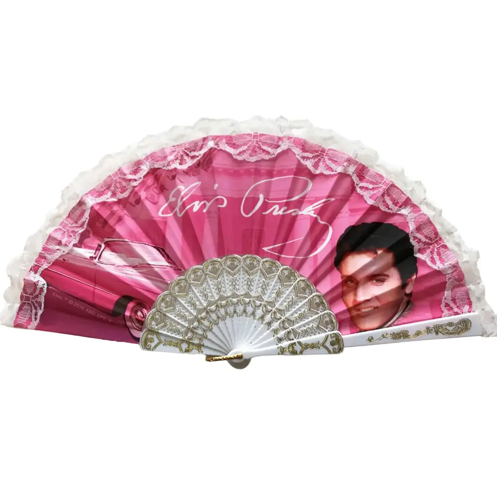 [E8690] Elvis Hand Fan - Pink With Guitars