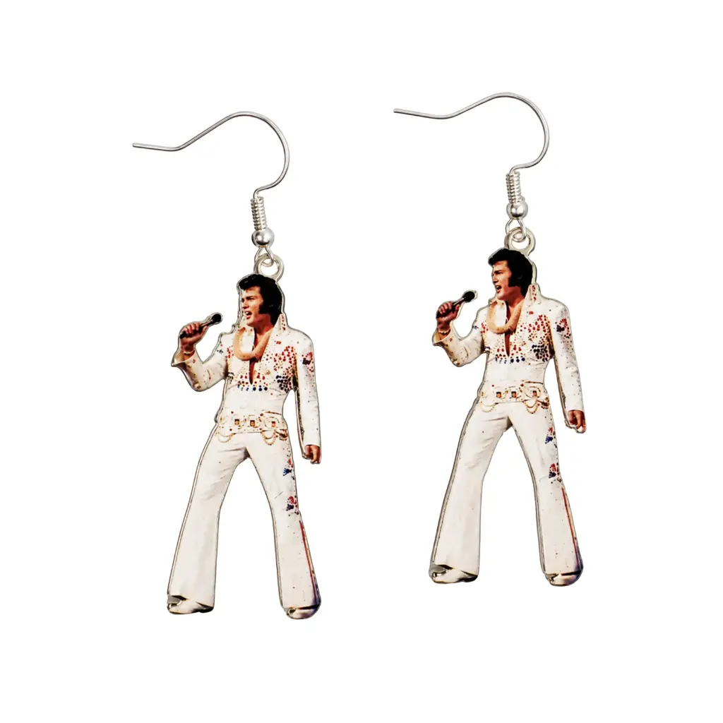 [E9052] Elvis Earrings Swinging Legs - White Jump Suit