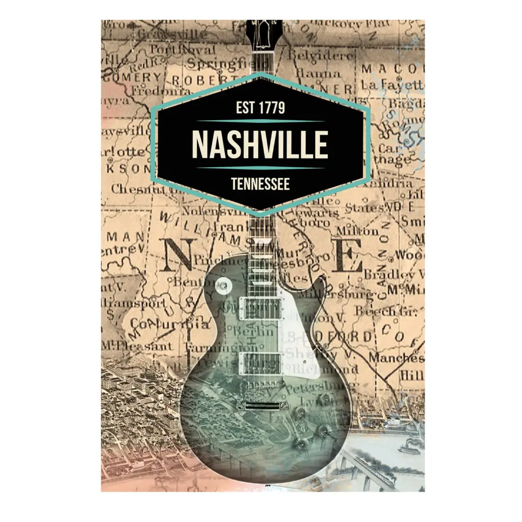[N6433] Nashville Postcards - Map w/ Guitar - Pack of 50