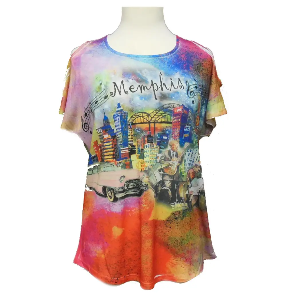 [M5809L] Memphis T-Shirt - Collage Skyline Open Shoulders (Large)
