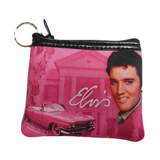 [E8483] Elvis Key Chain/Coin Purse - Pink With Guitars